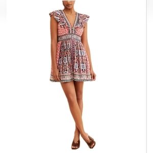 Anthropologie Flutter Printed Boho Peasant Mini Dress Beaded Deep V-Neck Sz: 6